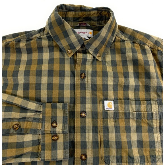 Carhartt Men's Relaxed Fit Button Down Pocket Dark Green Check Work Shirt Medium - Picture 1 of 11